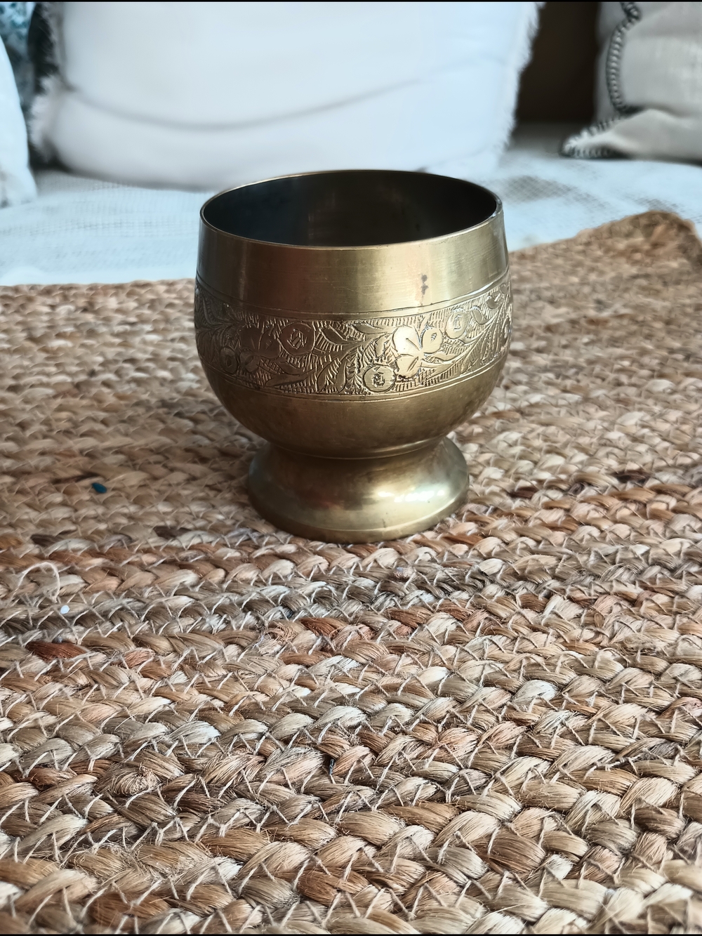 Vintage Indian brass cups, intricately etched vessels, eclectic home decor